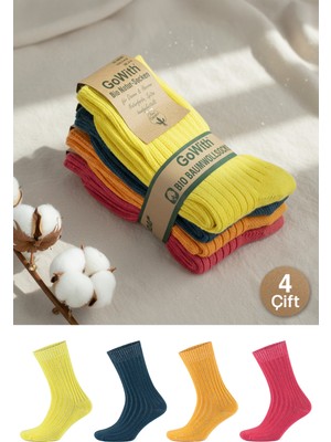Gowith 4 Çift Kadın Erkek Renkli Bio Naturel %100 Doğal Pamuklu Ribana Örgü Dikişsiz Dört Mevsim Soket Çorap 3014