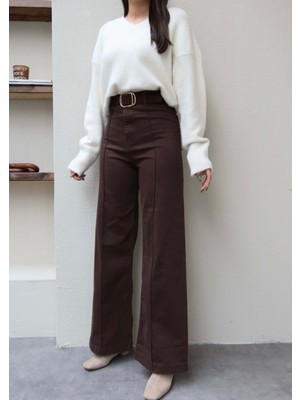 Esra Helvacı Dikiş Detaylı Geniş Paça Likralı Pantolon