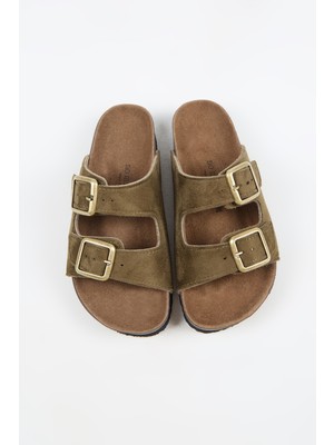 No Miento Nomiento Riva Kadın Vegan Deri Çift Tokalı Haki Terlik