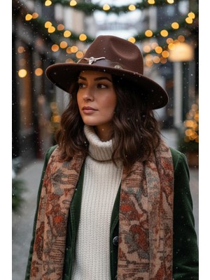 Külah Deri Şeritli Boğa Figürlü Kahve Fedora Şapka