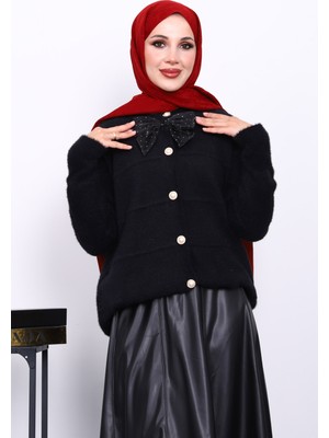 İmaj Butik Siyah Fiyonk Detaylı Angora Yumoş Triko Hırka