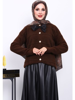 İmaj Butik Kahverengi Fiyonk Detaylı Angora Yumoş Triko Hırka