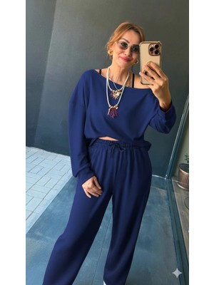 Kadın Uzun Kollu Tek Omuzdan Açık Viskon Iki Iplik Bluz ve Pantolon Ikili Takım