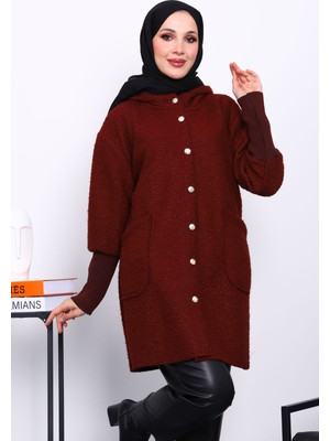 İmaj Butik Bordo Kapşonlu Buklet Kaban
