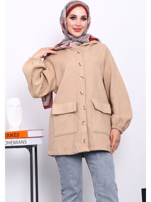 İmaj Butik Vizon Kapüşonlu  Düğmeli İnce Kaşe Ceket