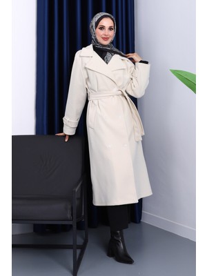 İmaj Butik Krem Kruvaze Yaka Kuşaklı Kaşe Kaban