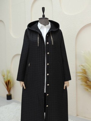 Alpaco Yakası Zincir Detaylı Uzun Kapitone Kaban -Siyah -Collectıon