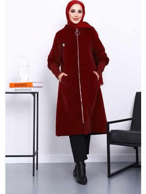 İmaj Butik Bordo Kapüşonlu Angora Kaban