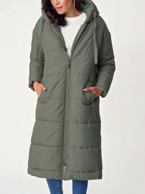 Alpaco Sabit Kapşonlu Kuş Gözü Detaylı Uzun Kaban   -Haki -Collectıon