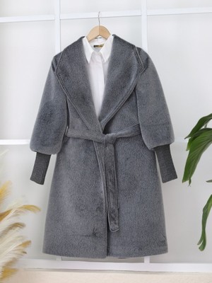 Alpaco Kolu Ribanalı Şal Yaka Astarlı Kaşe Kaban -Füme -Collectıon