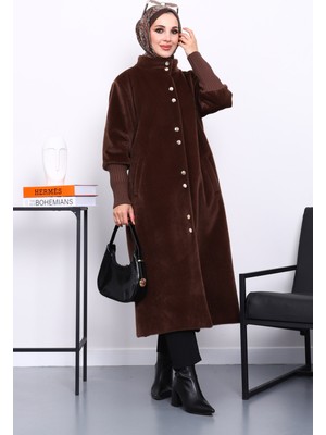 İmaj Butik Kahverengi Düğmeli Angora Kaban