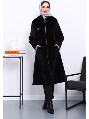 İmaj Butik Siyah Kapüşonlu Angora Kaban
