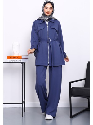 İmaj Butik İndigo Sahte Cepli Bel Kuşaklı Modal Takım