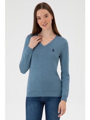 U.S. Polo Assn. Kadın Koyu Mavi V Yaka Basic Kazak 50313590-VR251