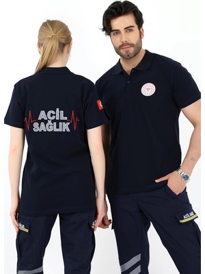 Acil Sağlık Yakalı Unisex Tshirt Kısa Kol Nakışlı - Lacivert