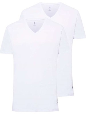 U.S. Polo Assn. 80199 Erkek Beyaz 2'li Kısa Kol V Yaka Atlet %100 Pamuk Düz Desenli Rahat Kesim