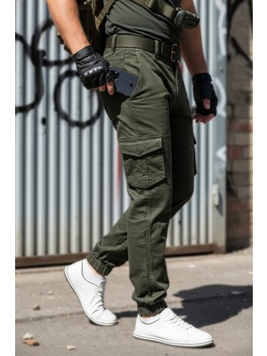 Kışlık Regular Gabardin Haki Kargo - Likralı, Paçası Lastikli