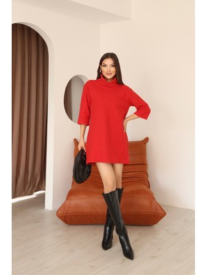 Moviment Kadın Kırmızı Selanik Kumaş Boğazlı Geniş Kesim Diz Üstü Elbise