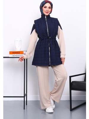 İmaj Butik Lacivert Kapitone Yelek Tunik Pantolonlu Üçlü Takım