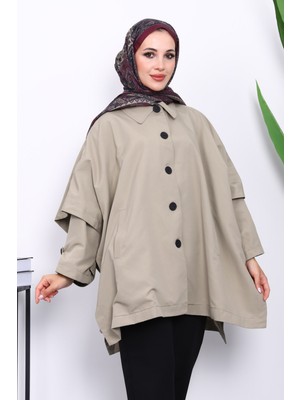 İmaj Butik Açık Haki Oversize Düğmeli Panço Trenç