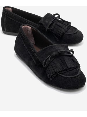 Luvi Axelı Siyah Süet Hakiki Deri Fiyonklu Saçaklı Kadın Loafer Ayakkabı