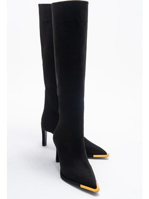 Luvi Lexa Siyah Süet Altın Detaylı Sivri Burunlu Kadın Topuklu Çizme