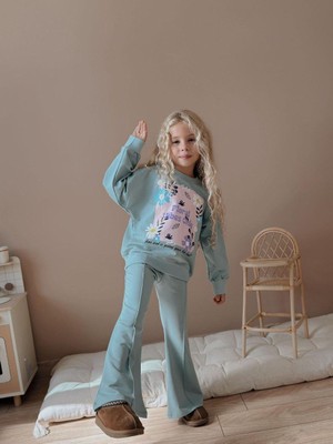 Cg Boutique Cg Kids Floral Vibes Baskılı Su Yeşili Kız Çocuk 2 Iplik Alt Üst Takım Süper Kalite Kumaş Ispanyol Paça