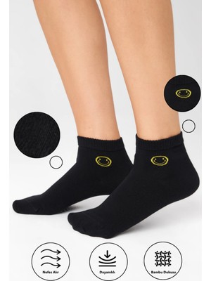 Bamboo Star Bambu Kadın Siyah Yarım Konç Gülücük Desenli Dikişsiz Siyah Çorap 3lü Paket