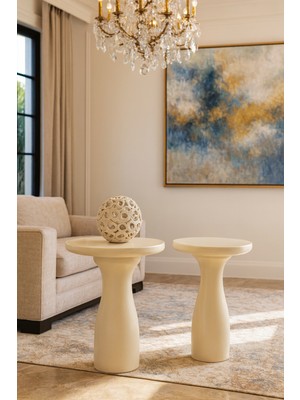 Rustik Tarz 2’li Masif Ahşap Yan Sehpa Seti – Krem Zigon Fiskos