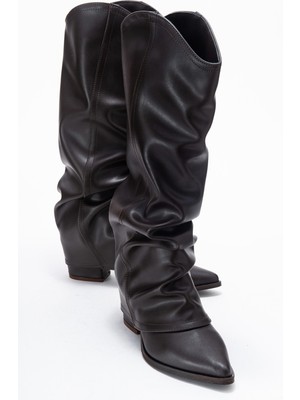 Luvi Elarıs Kahverengi Cilt Körüklü Kadın Kalın Topuklu Çizme