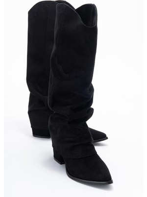 Luvi Elarıs Siyah Süet Körüklü Kadın Kalın Topuklu Çizme