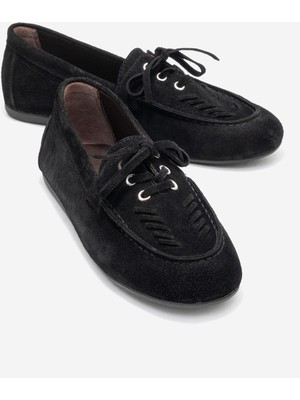 Luvi Lorven Siyah Süet Hakiki Deri Bağcıklı Kadın Loafer Ayakkabı