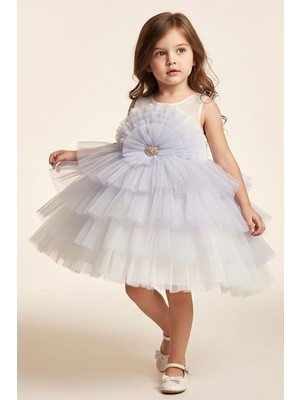 Monita Kız Çocuk Abiye Elbise Arka Kısmı Fiyonklu Taşlı Kalp Aksesuarlı 1-5 Yaş, Lila