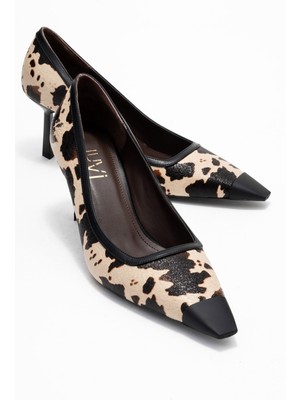 Luvi Rona Siyah Bej Desenli Mat Burunlu Kadın Topuklu Ayakkabı