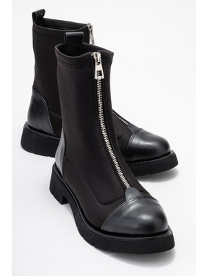 Luvi Martos Siyah Cilt Streç Önden Fermuarlı Kadın Bot