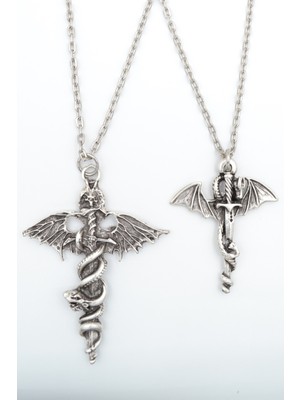 IDR 2'li Kılıç Yarasa Yılan - Ejderha Kılıç Gümüş Kaplama Kolye Seti