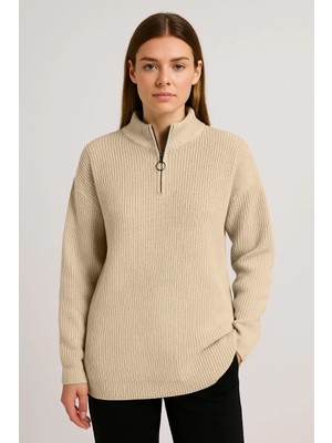 Velmora Fashion Kadın Yarım Fermuarlı Triko Kazak - Selanik Örgü