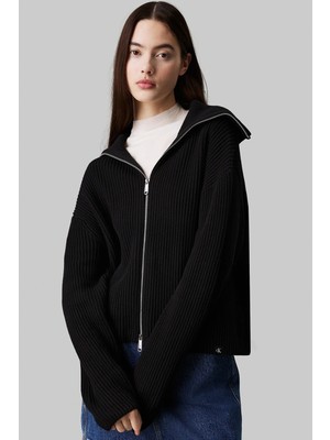 Calvin Klein Chunky Women's Cardigan Kadın Bol Kesim Fermuarlı Devrik Yaka Sweatshirt Siyah