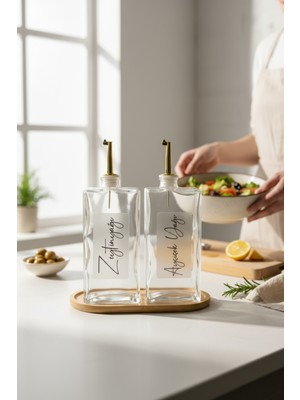 2'li Gold Kapaklı Cam Standlı Ayçiçek ve Zeytinyağı Etiketli Sosluk Sirkelik Yağdanlık Seti 750ML