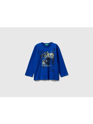 United Colors Of Benetton Erkek Bebek Saks Mavisi Baskılı Relaxed Fit Jarse Uzun Kollu T-Shirt