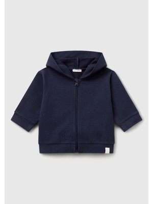 United Colors Of Benetton Bebek Lacivert Logo Etiketli Fermuarlı Kulaklı Kapüşonlu Sweatshirt
