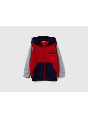 United Colors Of Benetton Erkek Bebek Kırmızı-Gri Önü Logo Baskılı Fermuarlı Kapüşonlu Sweatshirt