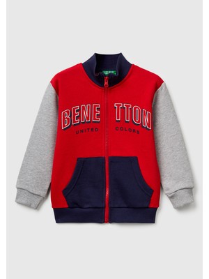 United Colors Of Benetton Erkek Çocuk Kırmızı-Gri Logo Detaylı Uzun Kollu Sweatshirt Fermuarlı Yaka