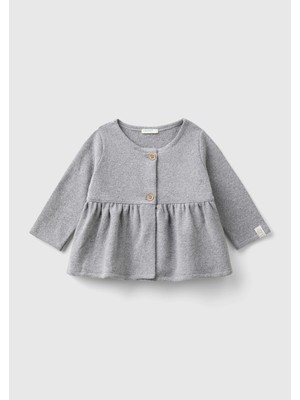 United Colors Of Benetton Bebek Gri Melanj Önü Düğmeli Etek Ucu Fırfırlı Uzun Kollu Sweatshirt