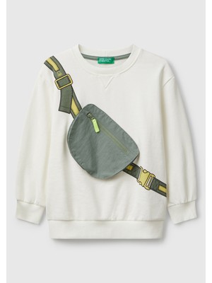 United Colors Of Benetton Erkek Çocuk Ekru Önü Illüzyon Efektli Bisiklet Yaka Relaxed Fit Sweatshirt