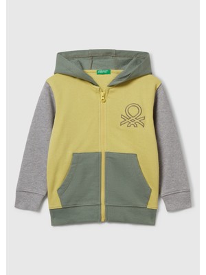 United Colors Of Benetton Erkek Çocuk Sarı-Gri Önü Logo Baskılı Fermuarlı Kapüşonlu Sweatshirt