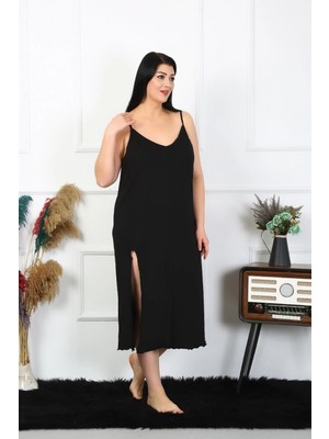 Marsilyan Kadın Büyük Beden Ip Askılı Pamuklu Siyah Uzun Gecelik