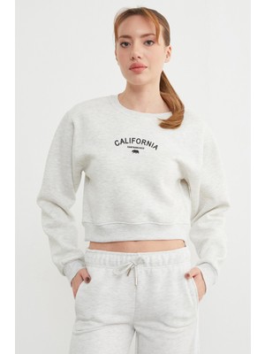 FullaModa 3 Iplik California Yazı Baskılı Crop Sweatshirt