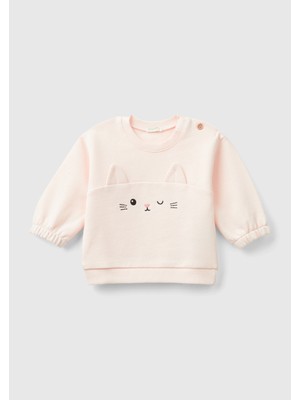 Benetton Bebek Toz Pembe Önü Kulak Detaylı Omzu Düğmeli Bisiklet Yaka Sweatshirt
