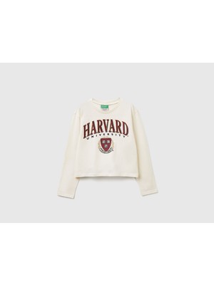 United Colors Of Benetton Kız Çocuk Ekru Önü Simli Baskılı Logo Etiketli Boxy Uzun Kollu T-Shirt